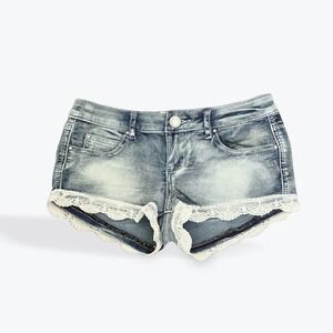 Almost Famous Womens Lace Trim Denim Shorts Light Wash Blue Low Rise Size 3